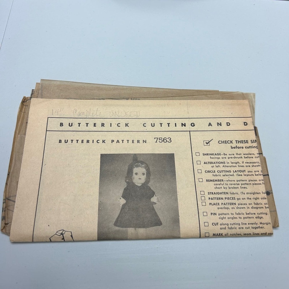 Butterick Vintage Mail Order Pattern #7563 14" Doll Wardrobe HTF RARE
